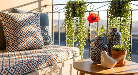 With showing balcony seating with patterned cushions and vases with a red poppy flower.