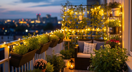 With showing balcony at dusk with fairy lights seating and city lights in distance.の写真素材