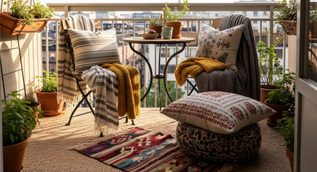 A balcony seating area with chairs, a table, plants, and decorative cushions and rugs creates an...