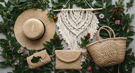 With showing bohemian style flat lay with straw hat, macrame wall hanging, and woven bags.
