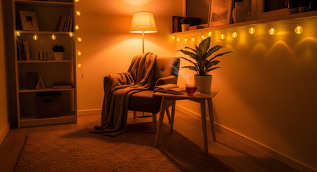 With showing comfortable reading corner with an armchair, book, tea, and string lights.