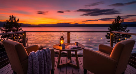 Lake showing cozy balcony seating area overlooking lake during vibrant sunset with lantern and...