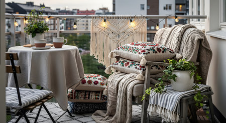 With showing bohemian balcony oasis with macrame wall hanging and embroidered cushions for...