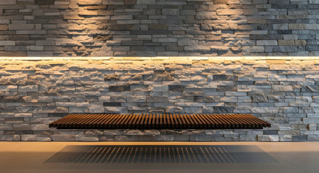 With showing dark wood slatted bench suspended against stacked stone wall with uplighting.