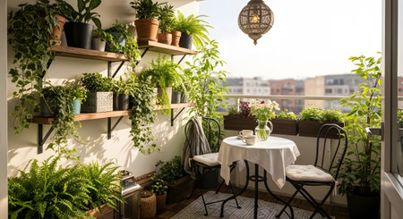 With showing cozy urban balcony oasis filled with abundant green plants and a small table with...の写真素材