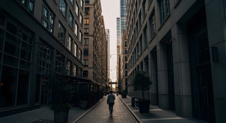 Showing lone man walking down a cobblestone alley between tall buildings. resolution...の写真素材