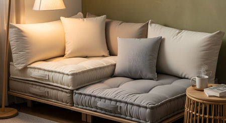 Living showing cozy living room corner with a modular floor sofa, cushions, and a steaming mug...