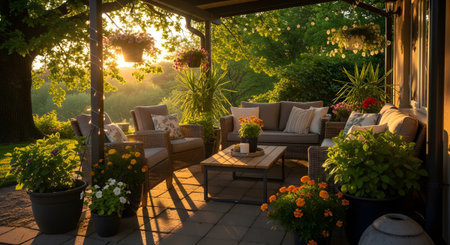 With showing covered patio furniture with warm sunset light and lush greenery. resolution...