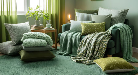 A green-themed living room a sofa adorned with pillows and blankets, alongside potted plants and...の写真素材