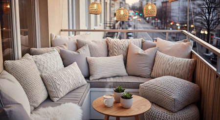 With showing inviting balcony with plush cushions and woven pendant lights overlooking city...の写真素材