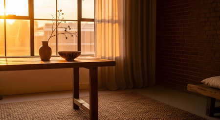 With showing golden hour sunlight fills room with wooden table and brick wall by large window....の写真素材