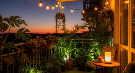 An evening balcony is filled with plants, string lights, and a small table with a glowing lamp.の写真素材