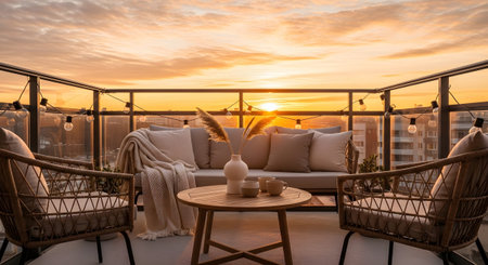 With showing cozy balcony seating area with rattan chairs and sofa at sunset with string lights....