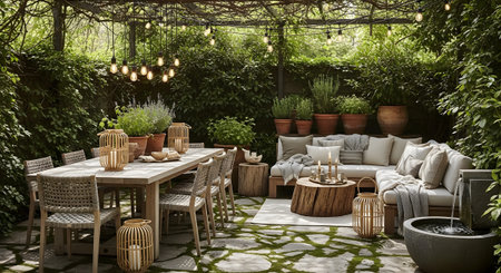 An outdoor space with a long dining table, chairs, and a sofa is surrounded by lush greenery and...