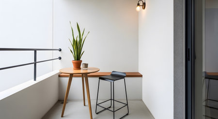 With showing modern balcony with round wooden table black stool and snake plant in terracotta...の写真素材