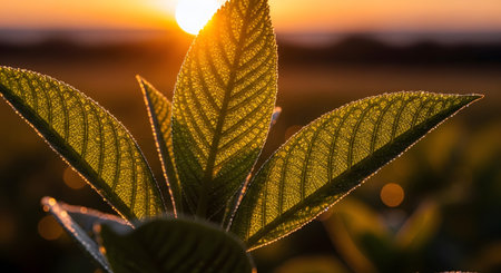 Stock showing detailed view of textured green leaves against a blurred sunset background.の写真素材
