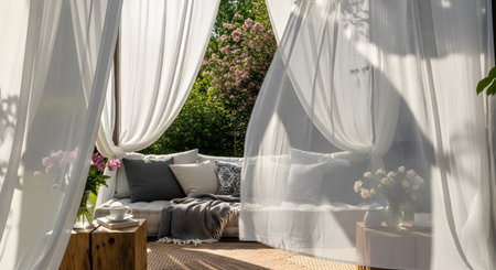 With showing outdoor seating area with white sheer curtains and blooming pink flowers in the...の写真素材