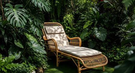 Stock showing rattan chaise lounge chair in a dense tropical garden setting. resolution...