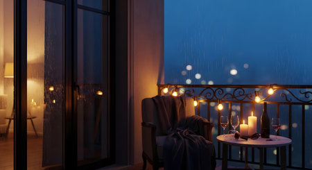 Rainy evening balcony with armchair, candles, wine, and city lights view.の写真素材