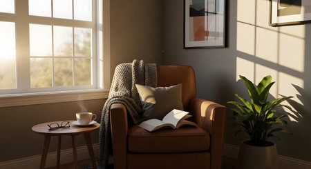 With showing sunlit armchair by window with open book and steaming coffee cup for a relaxing...の写真素材