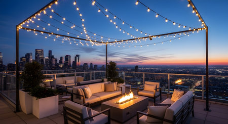 With showing rooftop patio with fire pit and city skyline at sunset with warm string lights and...の写真素材
