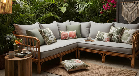 Showing tropical outdoor lounge area with rattan furniture and botanical cushions.