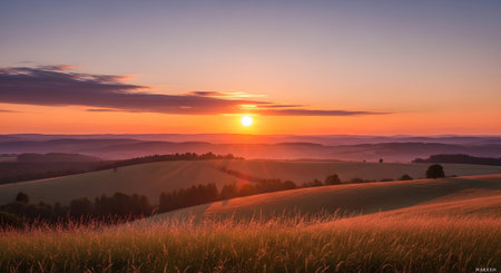A warm sunset illuminates rolling green hills and fields with golden grass catching the light.