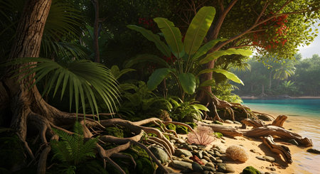 With showing tropical beach with lush green jungle foliage and exposed tree roots meeting the...