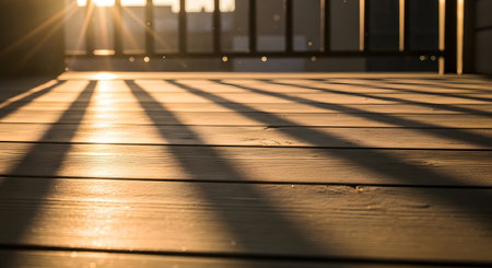 Wooden showing wooden deck with strong sunlight and striped shadows at golden hour.