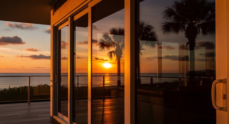 Stock showing sunset over the ocean viewed through a modern glass sliding door on a balcony....
