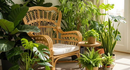 Stock showing wicker peacock chair surrounded by lush green houseplants in a sunlit room.の写真素材