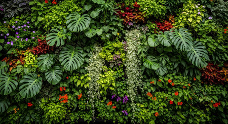 With showing vibrant vertical garden wall with diverse green foliage, monstera leaves, red and...