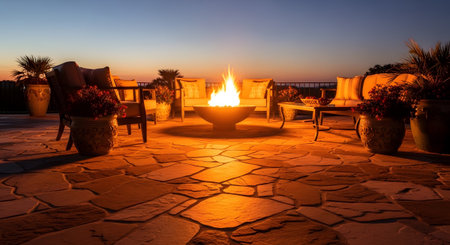 An outdoor patio a fire pit, seating, and potted plants illuminated by warm light against a...