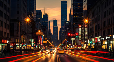 A street level view of a busy city avenue at night traffic light trails and illuminated neon signs.