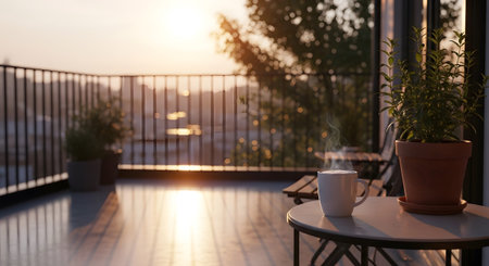 With showing steaming coffee cup on a balcony table at sunset with cityscape bokeh.の写真素材