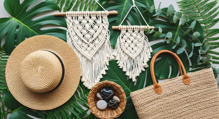 With showing straw hat, macrame decor, and woven bag with tropical leaves and stones.