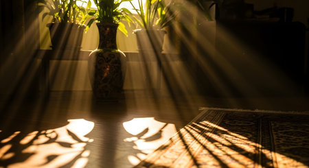Sunlight streams through a window, illuminating dust motes and casting patterned shadows from...