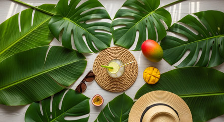 With showing tropical flat lay with green monstera leaves, mango, passion fruit, and drink.の写真素材