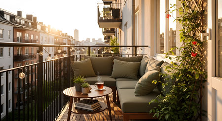 With showing sunny balcony with sectional sofa and city buildings at sunset. resolution...の写真素材