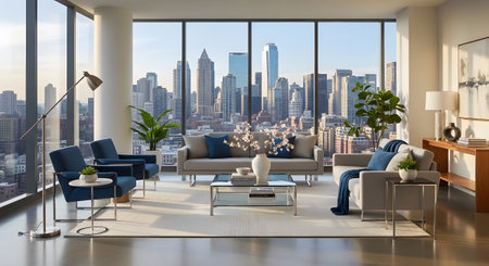 Apartment showing luxury apartment living room with panoramic city skyline view and modern...