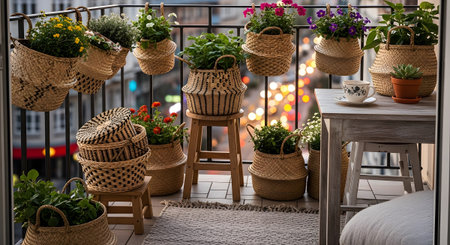 With showing woven hanging baskets filled with colorful flowers and green plants adorn a balcony...の写真素材