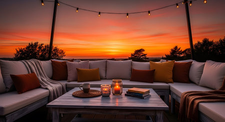 With showing spacious outdoor lounge seating with u shaped sofa and coffee table at sunset.の写真素材