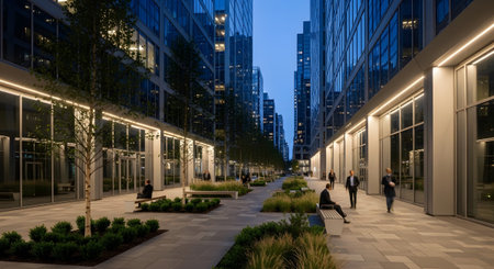 Showing modern urban plaza with people and illuminated buildings at night. resolution...