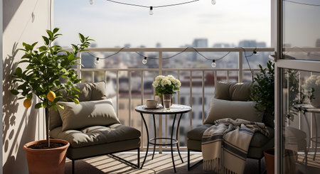 With showing cozy balcony seating area with lemon tree and city view string lights.の写真素材