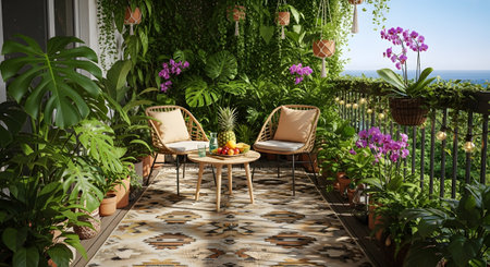 With showing lush balcony garden with wicker chairs and fruit.