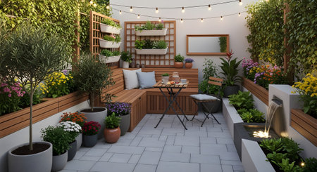 A charming urban courtyard a built-in wooden bench, potted plants, and string lights, creating a...