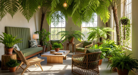 Sunlit bohemian living room filled with abundant green plants, wicker chairs, and a sofa.の写真素材