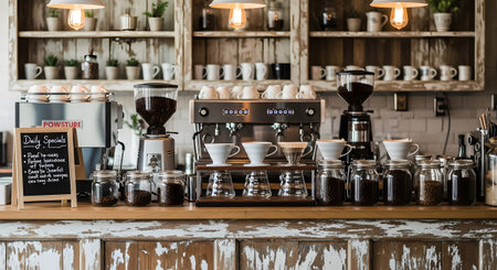 A busy coffee bar with espresso machines, grinders, cups, and jars filled with coffee beans.の写真素材