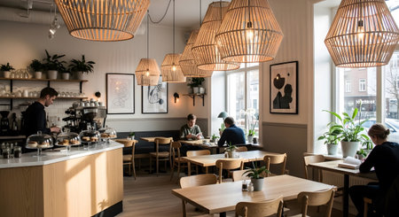 Serving showing busy cafe interior with customers and staff serving coffee and pastries at...