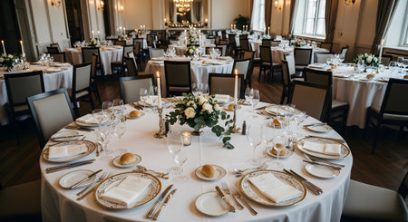 Centerpieces showing banquet hall with round tables set for a formal dinner with floral...
